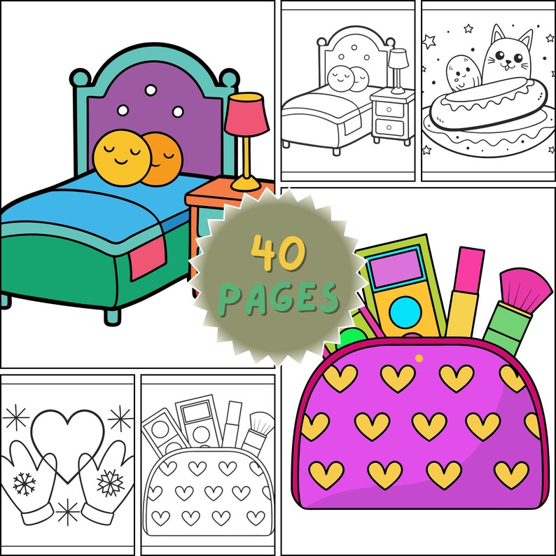 May include: A coloring book with various illustrations. The images include a bed with smiley faces, a bed with a lamp, a cat in a hot dog, a makeup bag, and mittens. The book has 40 pages.