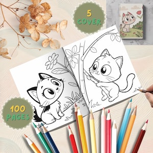 Cat Coloring Book for Kids, 100 Printable Pages 5 Bonus Covers, Cute Kitty Fun – PDF Format, Digital Download, Cute Kawaii Cat Coloring Book