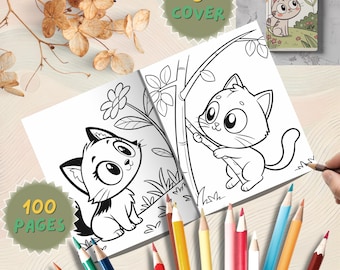 Cat Coloring Book for Kids, 100 Printable Pages 5 Bonus Covers, Cute Kitty Fun – PDF Format, Digital Download, Cute Kawaii Cat Coloring Book