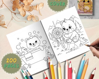 Kawaii Bear Coloring Book: 200 Printable Pages, 35 Bonus Covers (PDF Download)
