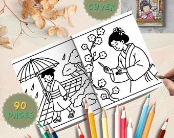 Livro de colorir japonês: 90 cenas de quimono Sakura (download em PDF para impressão)