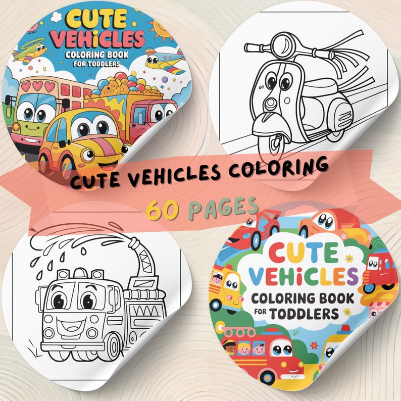May include: A children's coloring book titled "Cute Vehicles Coloring Book for Toddlers." The cover features colorful illustrations of smiling vehicles. The book includes 60 pages of vehicle-themed coloring pages, including a fire truck and scooter.