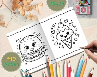 以下が含まれることがあります： 「Cute Kawaii Food」というタイトルの塗り絵本が開き、笑顔のハンバーガーとアイスクリームコーンの線画が特徴の2ページ見開きになっています。表紙には様々な食べ物のイラストが描かれています。色鉛筆が本の周りに散らばっています。