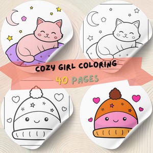 May include: Four sticker designs featuring cartoon illustrations. Two stickers show a cat on a pillow with stars and a moon. The other two stickers show a beanie with hearts and stars. Text reads "COZY GIRL COLORING" and "40 PAGES".