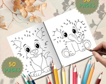 Cute Animals Dot to Dot Coloring Book for Kids, 50 Pages, Fun Counting Activity, PDF Format, Digital Download, Printable Book, Preschool