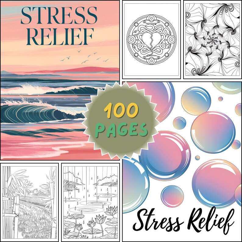 Op de afbeelding: Een verzameling kleurplaten met de woorden "Stress Relief" en "100 Pages". De pagina's bevatten verschillende ontwerpen, waaronder oceaangolven, abstracte patronen en natuursc&egrave;nes. De omslag heeft een zonsondergang boven de oceaan.