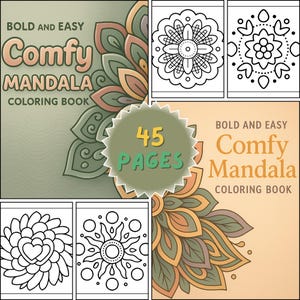 Pu&ograve; includere: Un libro da colorare Comfy Mandala con 45 pagine. La copertina presenta il testo "Bold and Easy Comfy Mandala Coloring Book" e un motivo floreale nei toni del verde, arancione e marrone. Sono presenti anche diversi disegni di mandala in bianco e nero.