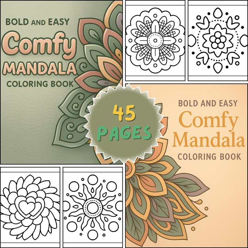 Pu&ograve; includere: Un libro da colorare Comfy Mandala con 45 pagine. La copertina presenta il testo "Bold and Easy Comfy Mandala Coloring Book" e un motivo floreale nei toni del verde, arancione e marrone. Sono presenti anche diversi disegni di mandala in bianco e nero.