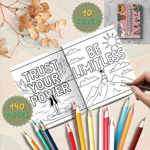 May include: An open motivational coloring book with the phrases "Trust Your Power" and "Be Limitless". The cover reads "Motivational Bold and Easy Coloring Book". The image includes colored pencils and a cover that says "10 Cover" and "140 Pages".