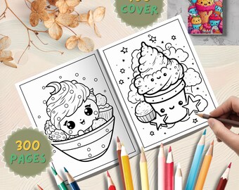 子供向けのかわいいデザートぬり絵本、300ページの印刷可能な表紙、かわいいスイーツアクティビティ、PDF形式、デジタルダウンロード、印刷可能な本