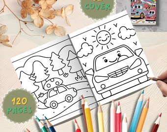 Può includere: Un libro da colorare per bambini intitolato "Cute Car Coloring Book for Kids". Le pagine aperte presentano illustrazioni di auto, un sole sorridente e nuvole. Il libro ha 120 pagine e 32 copertine. Matite colorate sono sparse intorno al libro.