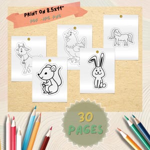 Pu&ograve; includere: Una collezione di disegni di contorni di animali, tra cui una capra, un pollo, un cavallo, un topo e un coniglio, appuntati su uno sfondo marrone chiaro. Il testo "PRINT ON 8.5x11" PDF -JPG-PNG" &egrave; visualizzato su uno striscione. L'immagine include anche il testo "30 PAGES".