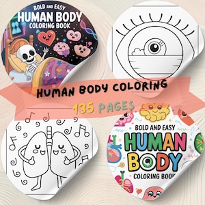 K&ouml;nnte beinhalten: Vier runde Aufkleber mit Illustrationen und Text zum Thema menschlicher K&ouml;rper. Die Aufkleber zeigen ein Skelett im Bett, ein Auge, Lungen mit Noten und die Worte "Human Body Coloring Book". Der Text "135 Seiten" ist ebenfalls sichtbar.