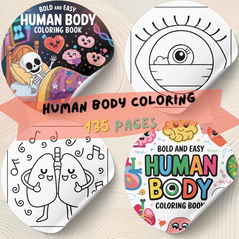 K&ouml;nnte beinhalten: Vier runde Aufkleber mit Illustrationen und Text zum Thema menschlicher K&ouml;rper. Die Aufkleber zeigen ein Skelett im Bett, ein Auge, Lungen mit Noten und die Worte "Human Body Coloring Book". Der Text "135 Seiten" ist ebenfalls sichtbar.