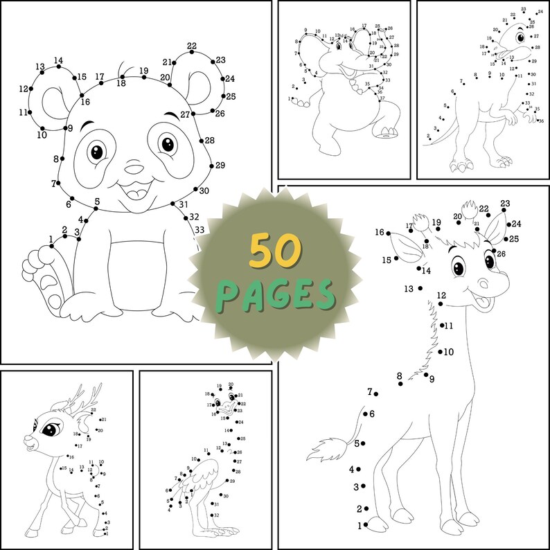 Cute Animals Dot to Dot Coloring Book for Kids, 50 Pages, Fun Counting