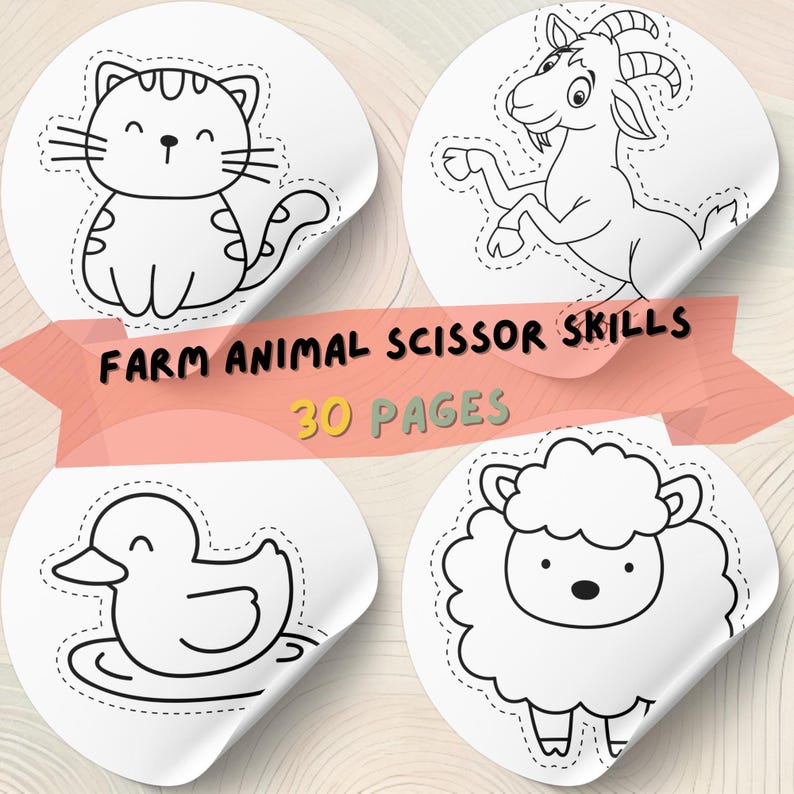 May include: Four white circular stickers with farm animal illustrations: a cat, goat, duck, and sheep. The stickers are outlined with a dotted line, suggesting they are for cutting. Text on a banner reads "FARM ANIMAL SCISSOR SKILLS" and "30 PAGES."