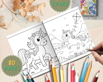 Puede incluir: Un libro para colorear con temática de unicornios, abierto en una página con una ilustración de unicornio. El libro está acompañado de lápices de colores. La portada del libro es visible, con el texto "Bold and Easy Unicorn Coloring Book". El libro tiene 80 páginas y 20 cubiertas.