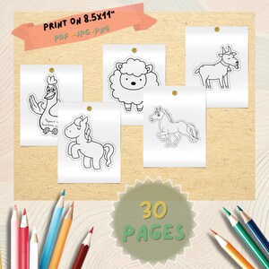May include: A collection of printable coloring pages featuring farm animals, including a chicken, sheep, goat, and horses. The pages are displayed on a light brown background with the text "PRINT ON 8.5x11" and "30 PAGES". Colored pencils are scattered around the image.