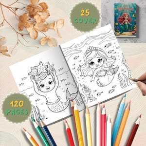 Cute Mermaid Coloring Book for Kids, 120 Bold Easy Pages, 25 Covers of Whimsical Underwater Scenes Sea Creatures, PDF Format, Printable Book
