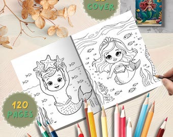Puede incluir: Un libro para colorear con temática de sirenas, con 120 páginas de ilustraciones. La portada muestra una sirena pelirroja. El libro está abierto a una doble página con dos dibujos de sirenas. Lápices de colores están colocados alrededor del libro.