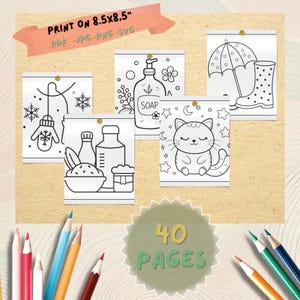 May include: A collection of five black and white coloring pages pinned to a corkboard, featuring illustrations of a mitten, soap, an umbrella and boots, a cat, and food items. The text "PRINT ON 8.5x8.5" and "40 PAGES" are also visible.