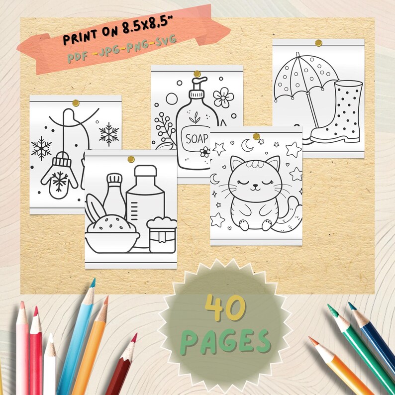 May include: A collection of five black and white coloring pages pinned to a corkboard, featuring illustrations of a mitten, soap, an umbrella and boots, a cat, and food items. The text "PRINT ON 8.5x8.5" and "40 PAGES" are also visible.