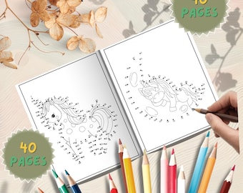 Kolorowanka Kawaii Jednorożec do łączenia kropek dla dzieci, 40 stron, zabawna aktywność liczenia, format PDF, książka do druku, wersja cyfrowa, dla przedszkolaków
