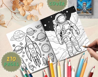 Pode incluir: Um livro de colorir aberto com ilustrações com tema espacial, incluindo planetas, foguetes e um astronauta. A capa mostra uma ilustração colorida de um astronauta. Lápis de cor estão espalhados ao redor do livro. O livro tem 270 páginas e 70 capas.