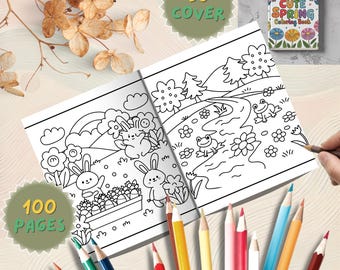May include: A "Cute Spring Coloring Book" with 100 pages and 30 covers, featuring spring-themed illustrations of bunnies, flowers, and frogs. Colored pencils are arranged around the open book, ready for use.