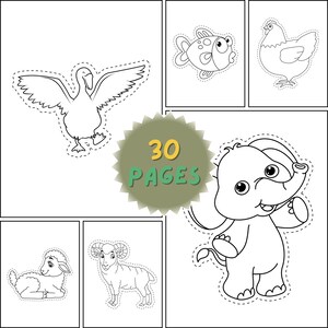 May include: Black and white line drawings of various animals, including a swan, fish, chicken, elephant, lamb, and ram. The image also includes a circular graphic with the text "30 PAGES".