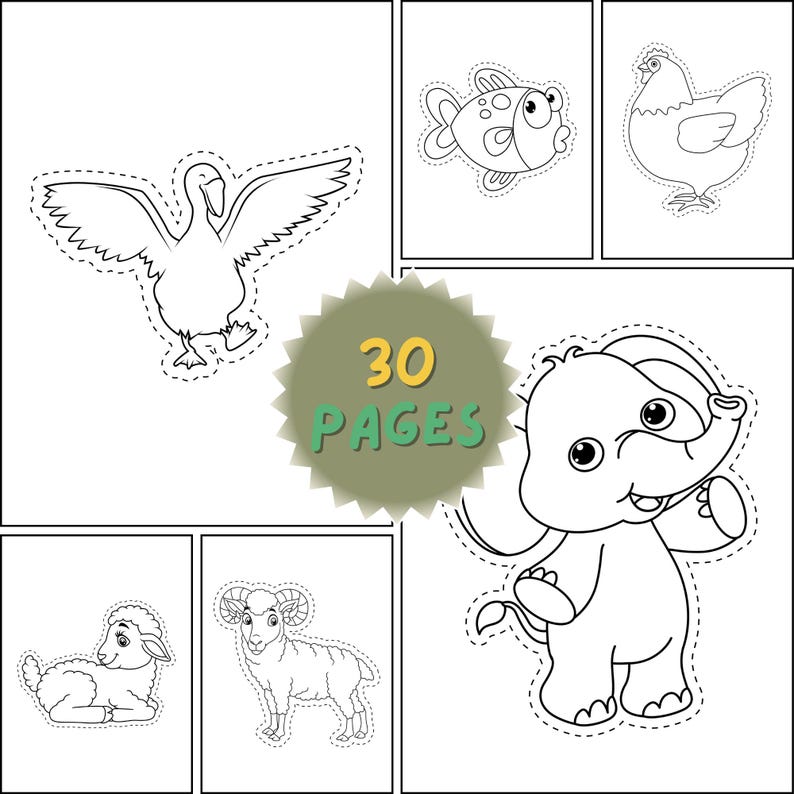 May include: Black and white line drawings of various animals, including a swan, fish, chicken, elephant, lamb, and ram. The image also includes a circular graphic with the text "30 PAGES".