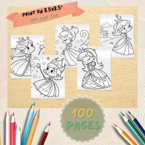 May include: A set of princess-themed coloring pages, each printed on 8.5x8.5 inch (21.6 x 21.6 cm) paper. The image shows the pages are available in JPG, PNG, and SVG formats. A green circular graphic states "100 Pages".