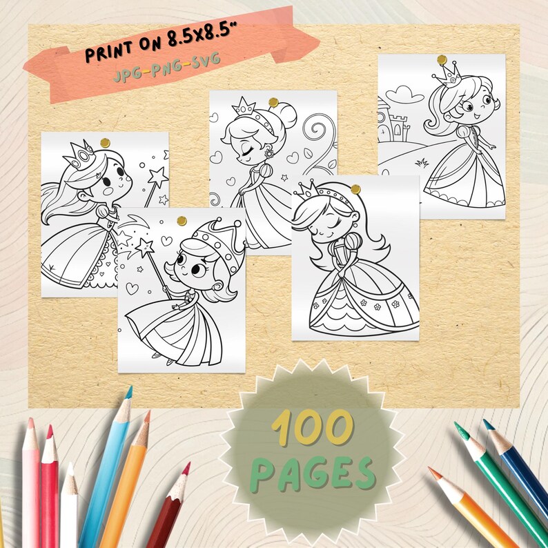 May include: A set of princess-themed coloring pages, each printed on 8.5x8.5 inch (21.6 x 21.6 cm) paper. The image shows the pages are available in JPG, PNG, and SVG formats. A green circular graphic states "100 Pages".