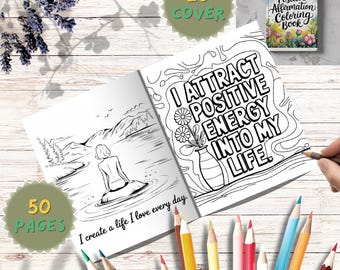 Kleurboek Positieve Affirmatie: 50 inspirerende pagina's, 20 unieke omslagen (digitale download pdf/JPG/PNG)