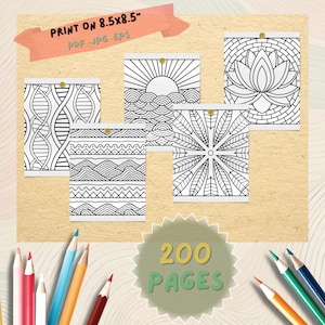 May include: A collection of five black and white coloring pages, each featuring a unique design, including a lotus flower, sun over waves, and geometric patterns. The pages are held together with gold push pins. The text "PRINT ON 8.5x8.5" and "200 PAGES" are visible.