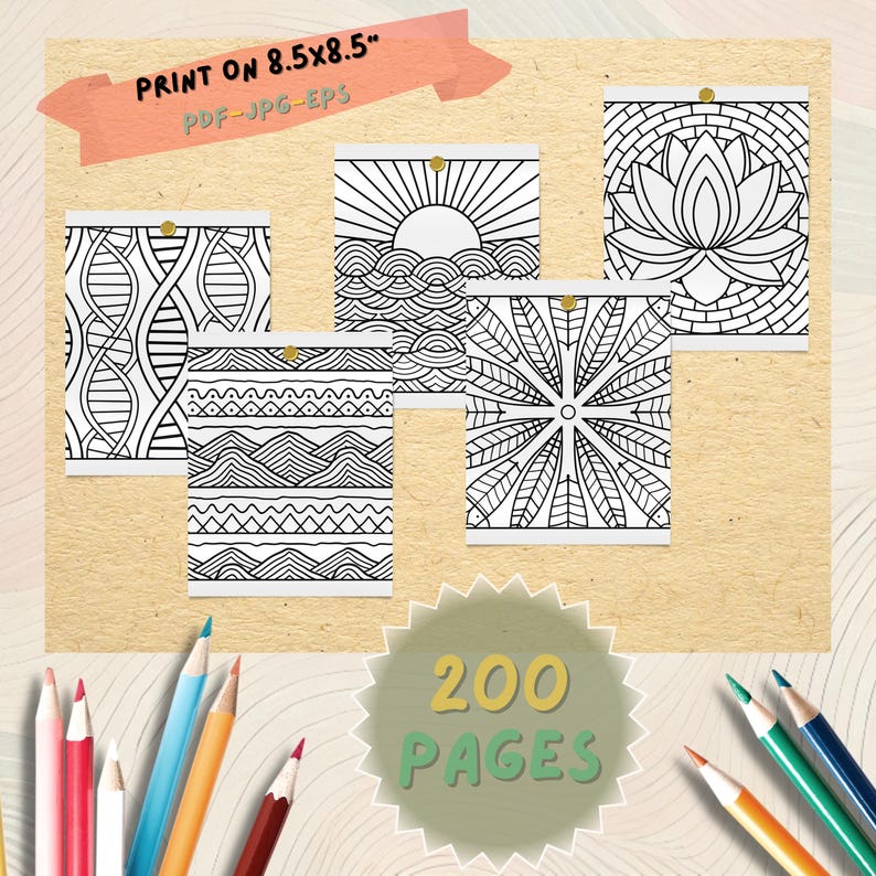 May include: A collection of five black and white coloring pages, each featuring a unique design, including a lotus flower, sun over waves, and geometric patterns. The pages are held together with gold push pins. The text "PRINT ON 8.5x8.5" and "200 PAGES" are visible.