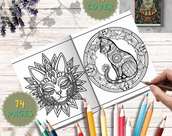Kleurboek kattenmandala: 74 kattenontwerpen + 41 omslagen (downloadbaar pdf-boek)
