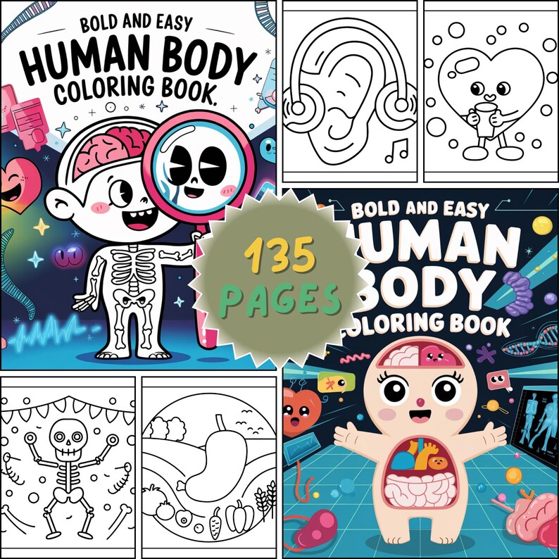 K&ouml;nnte beinhalten: Ein Malbuch f&uuml;r Kinder mit dem Titel "BOLD AND EASY HUMAN BODY COLORING BOOK". Das Cover zeigt Cartoon-Illustrationen des menschlichen K&ouml;rpers, darunter ein Skelett, ein Gehirn und innere Organe. Das Buch hat 135 Seiten.