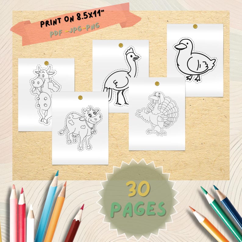May include: A collection of printable coloring pages featuring farm animals, including a cow, duck, turkey, and ostrich. The text "PRINT ON 8.5x11" is displayed on a banner. The image also includes the text "30 PAGES" on a green circular badge.