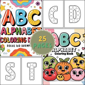 May include: An alphabet coloring book with the letters ABC in large, bold letters. The book features 25 pages and includes images of fruits and letters for coloring.