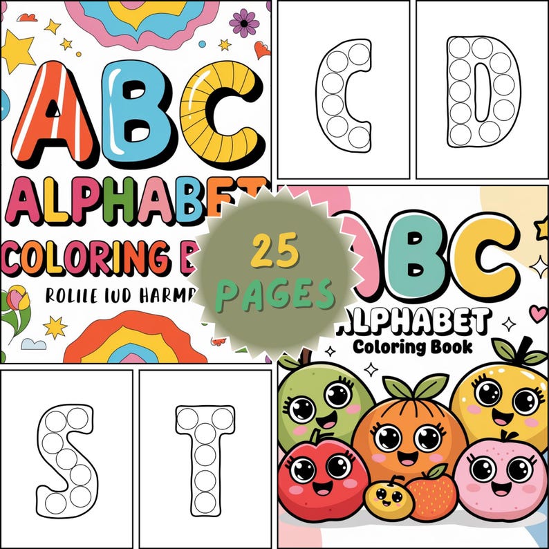 May include: An alphabet coloring book with the letters ABC in large, bold letters. The book features 25 pages and includes images of fruits and letters for coloring.