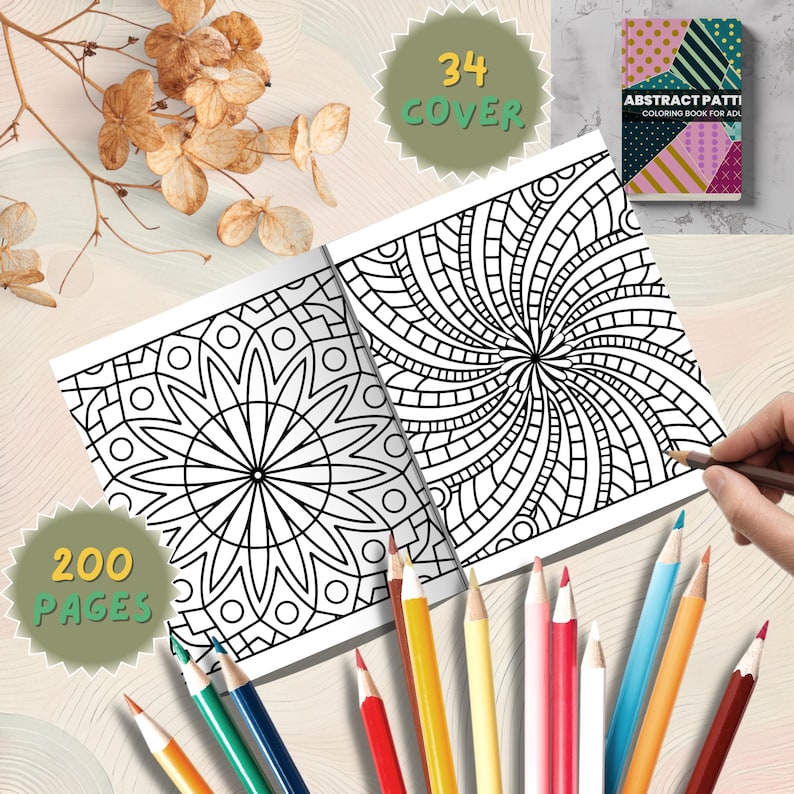 May include: A coloring book with abstract patterns, open to show intricate black and white designs. The cover is visible, with the text "Abstract Patterns Coloring Book for Adults." Colored pencils are scattered around the book, and the book has 200 pages.