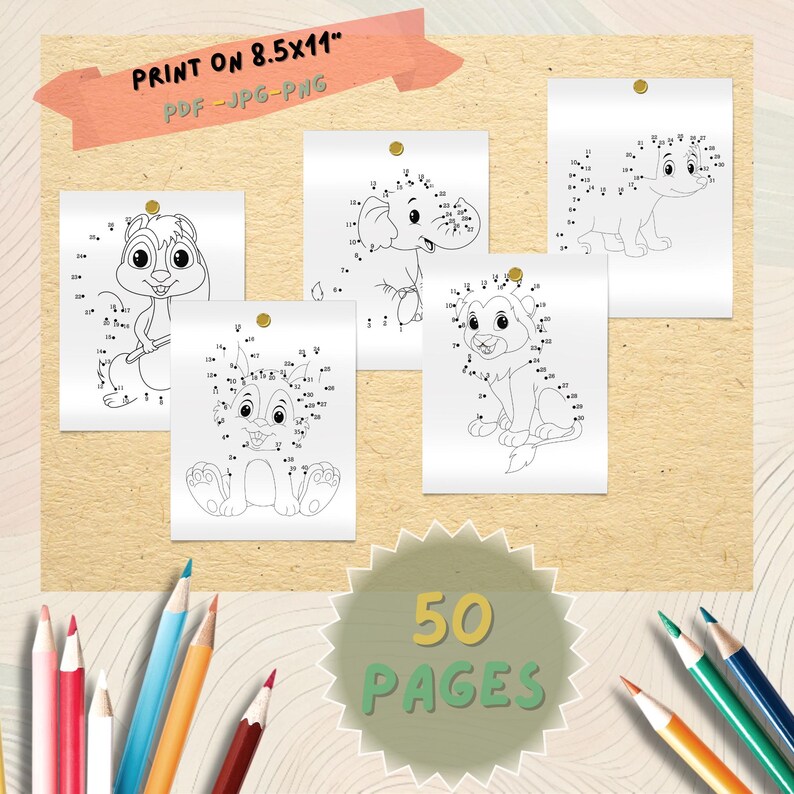 Cute Animals Dot to Dot Coloring Book for Kids, 50 Pages, Fun Counting