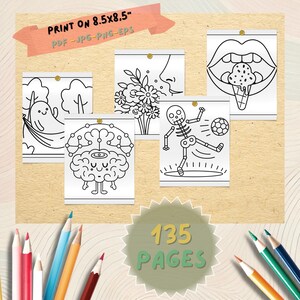 K&ouml;nnte beinhalten: Eine Sammlung von Schwarz-Wei&szlig;-Strichzeichnungen, darunter ein Gehirn, ein Fu&szlig;ball spielendes Skelett und ein Geist in einer H&auml;ngematte. Der Text "PRINT ON 8.5x8.5" und "135 PAGES" sind ebenfalls sichtbar. Farbstifte sind um die Bilder herum verstreut.
