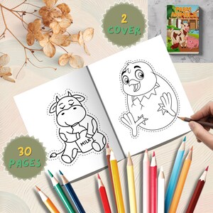 May include: A children's coloring book titled "Farm Animals" with 30 pages and 2 covers. The open book shows a cow and a chick outline. A hand holds a colored pencil, surrounded by other colored pencils.