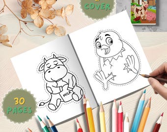 Farm Animals Trace, Cut, and Color Book: Scissor Skills Activity (PDF + PNG Digital Download)