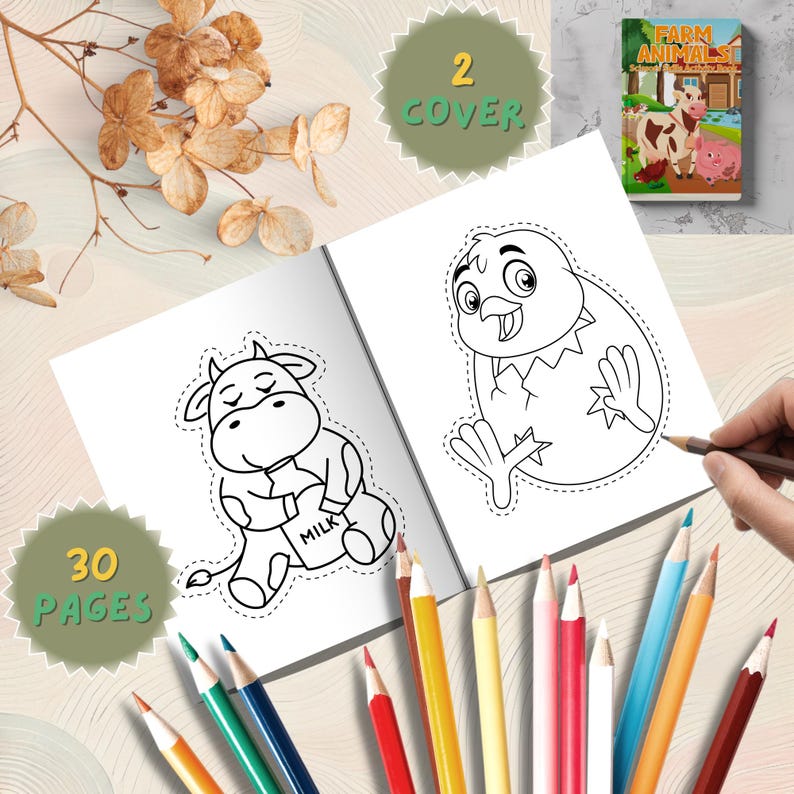 May include: A children's coloring book titled "Farm Animals" with 30 pages and 2 covers. The open book shows a cow and a chick outline. A hand holds a colored pencil, surrounded by other colored pencils.