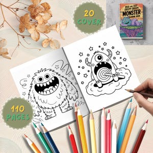 May include: A monster-themed coloring book with the text "BOLD AND EASY CREEPY CREEPY MONSTER COLORING BOOK" on the cover. The open pages display monster illustrations ready to be colored, with the text "110 PAGES" and "20 COVER" on the image.