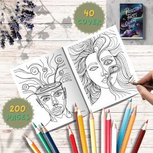 以下が含まれることがあります： 開いたピカソの顔の塗り絵本。2つの線画の肖像画があり、色鉛筆に囲まれています。本の表紙が見え、画像には「40 Cover」と「200 Pages」というテキストが含まれています。