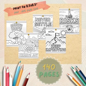May include: A set of inspirational coloring pages featuring motivational quotes such as "Always Hope" and "Never Settle." The pages are designed for 21.6 x 21.6 cm paper and include various illustrations. The set includes 140 pages, perfect for creative expression.